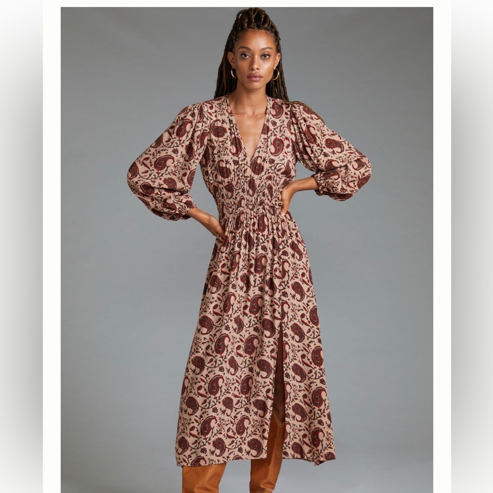 Anthropologie Paisley Print Maxi Dress in Brown and Cream